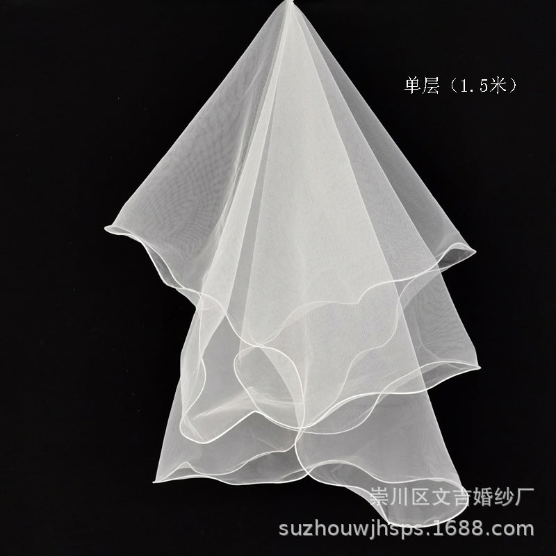 Short Two-Layer Bride Veil with Bow and Ruffles
