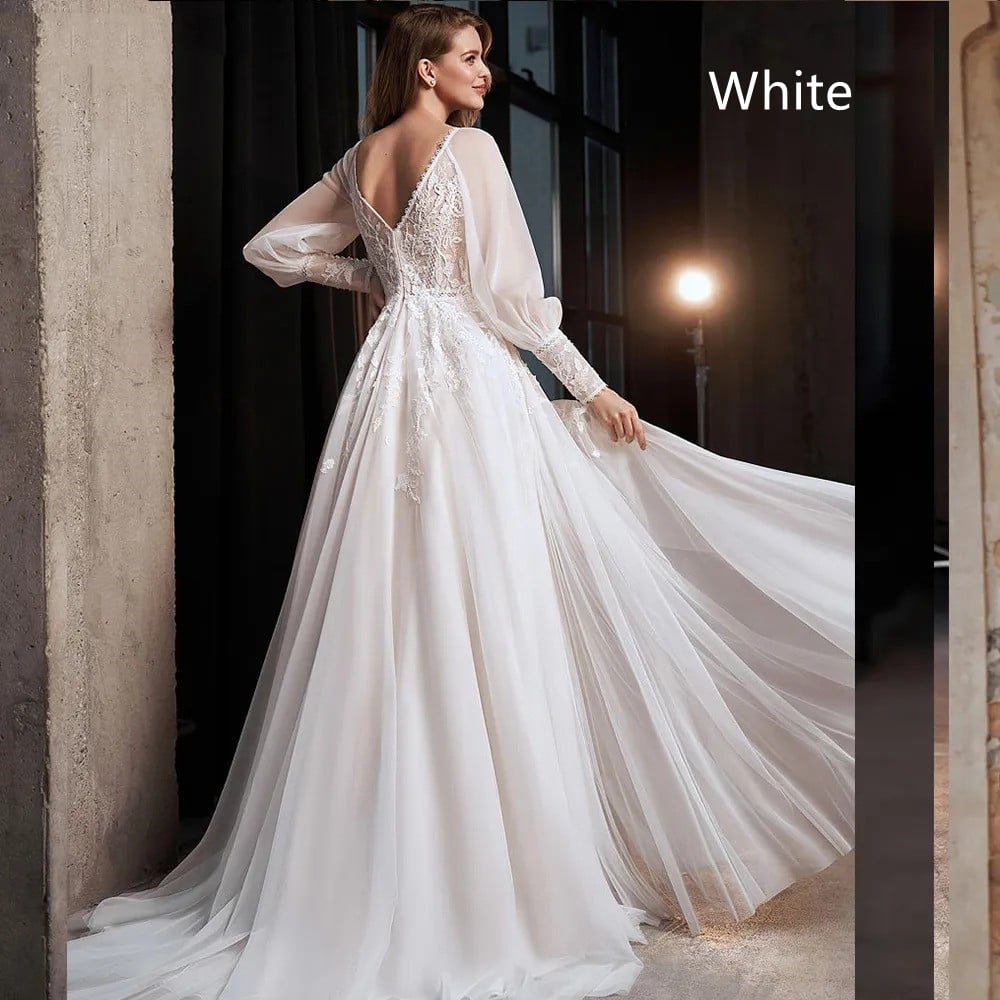 A-Line Lace Bridal Gown with Long Puff Sleeves and Slit