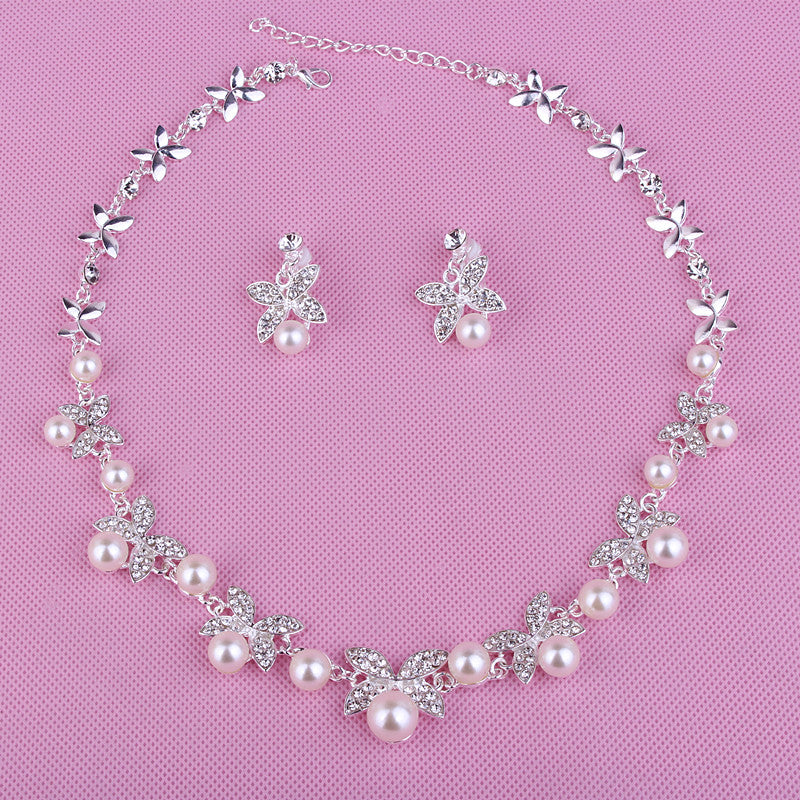 Korean Bride White Necklace and Earring Set with Crown