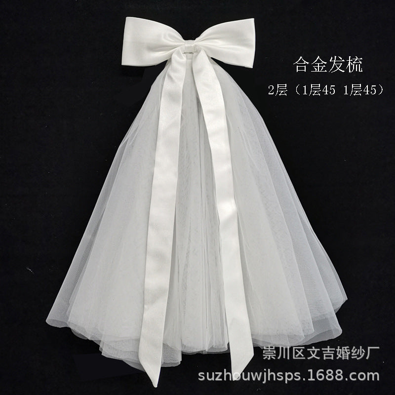 Short Two-Layer Bride Veil with Bow and Ruffles