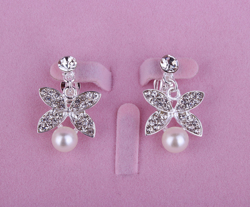 Korean Bride White Necklace and Earring Set with Crown