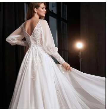 A-Line Lace Bridal Gown with Long Puff Sleeves and Slit
