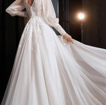 A-Line Lace Bridal Gown with Long Puff Sleeves