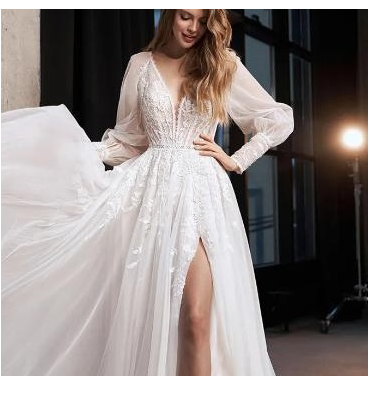 A-Line Lace Bridal Gown with Long Puff Sleeves and Slit