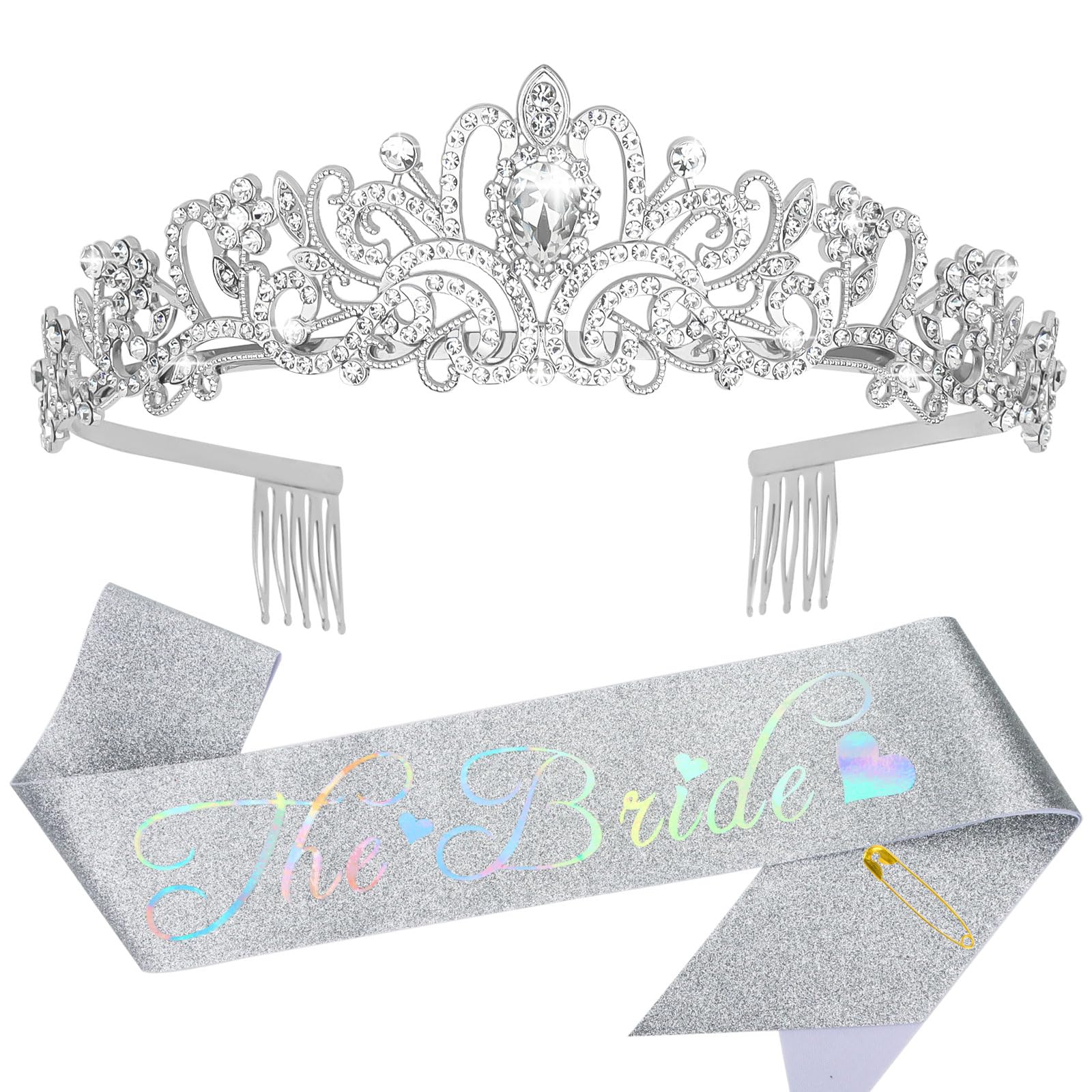 YARIEW Bride Crown and Bride Sash Bachelorette Party Bridal Shower Decorations Rhinestone Wedding Bridal Tiara Glitter Bride Crown and Sash for Bachelorette Party Decorations Engagement Gift