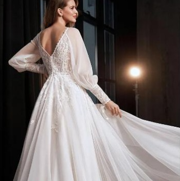 A-Line Lace Bridal Gown with Long Puff Sleeves
