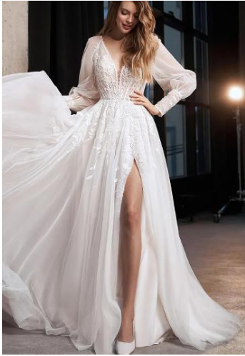 A-Line Lace Bridal Gown with Long Puff Sleeves and Slit