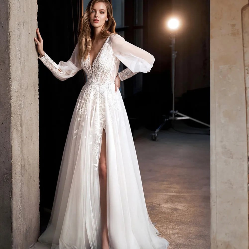 A-Line Lace Bridal Gown with Long Puff Sleeves and Slit
