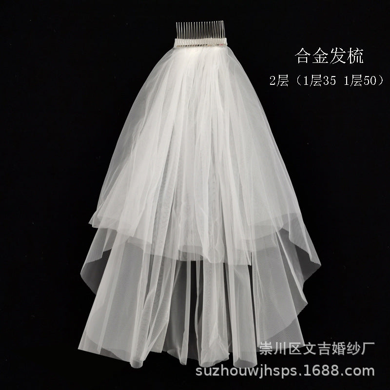 Short Two-Layer Bride Veil with Bow and Ruffles