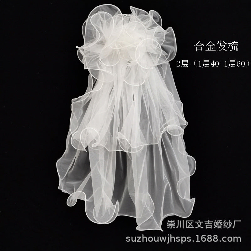 Short Two-Layer Bride Veil with Bow and Ruffles