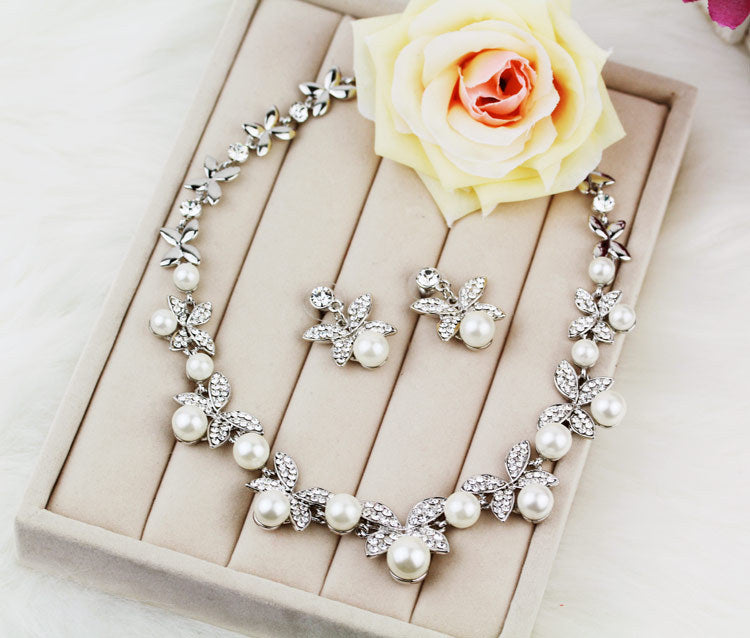 Korean Bride White Necklace and Earring Set with Crown