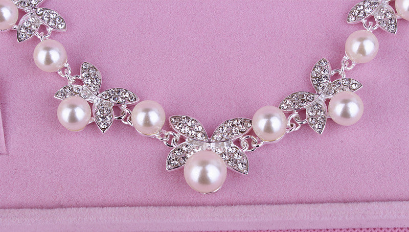 Korean Bride White Necklace and Earring Set with Crown