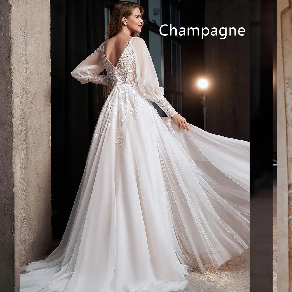 A-Line Lace Bridal Gown with Long Puff Sleeves and Slit