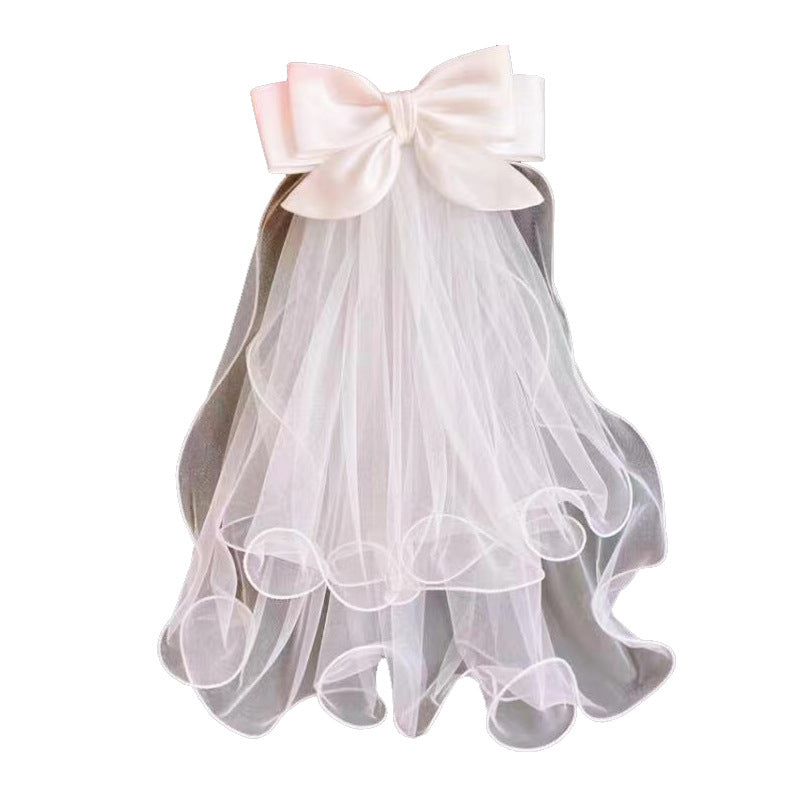 Short Two-Layer Bride Veil with Bow and Ruffles