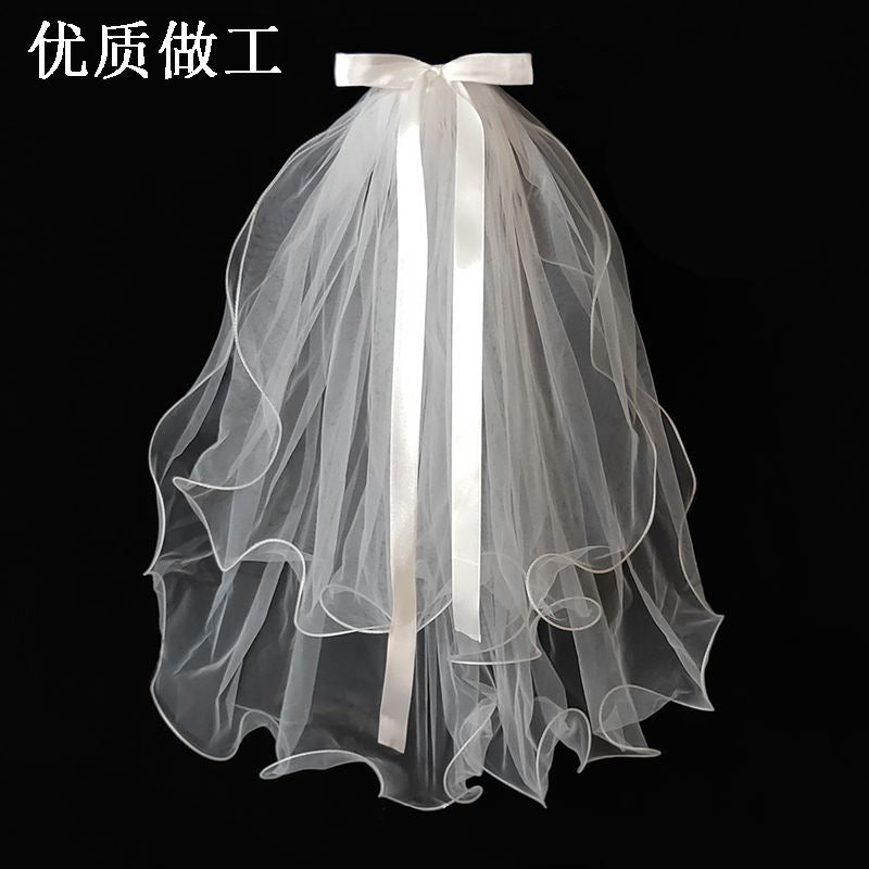 Short Two-Layer Bride Veil with Bow and Ruffles