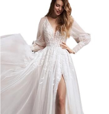 A-Line Lace Bridal Gown with Long Puff Sleeves and Slit