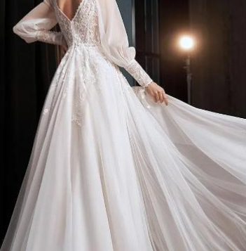 A-Line Lace Bridal Gown with Long Puff Sleeves and Slit