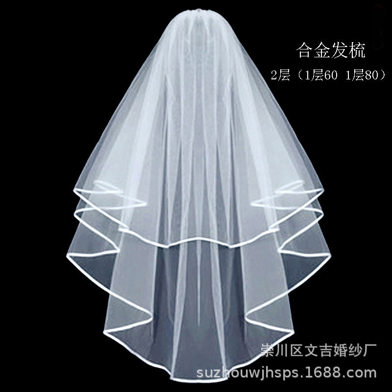 Short Two-Layer Bride Veil with Bow and Ruffles