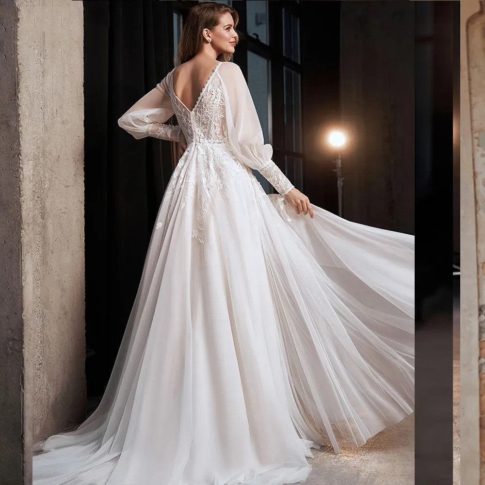 A-Line Lace Bridal Gown with Long Puff Sleeves and Slit